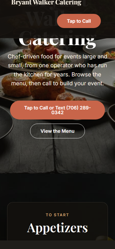 Bryant Walker Catering website on mobile