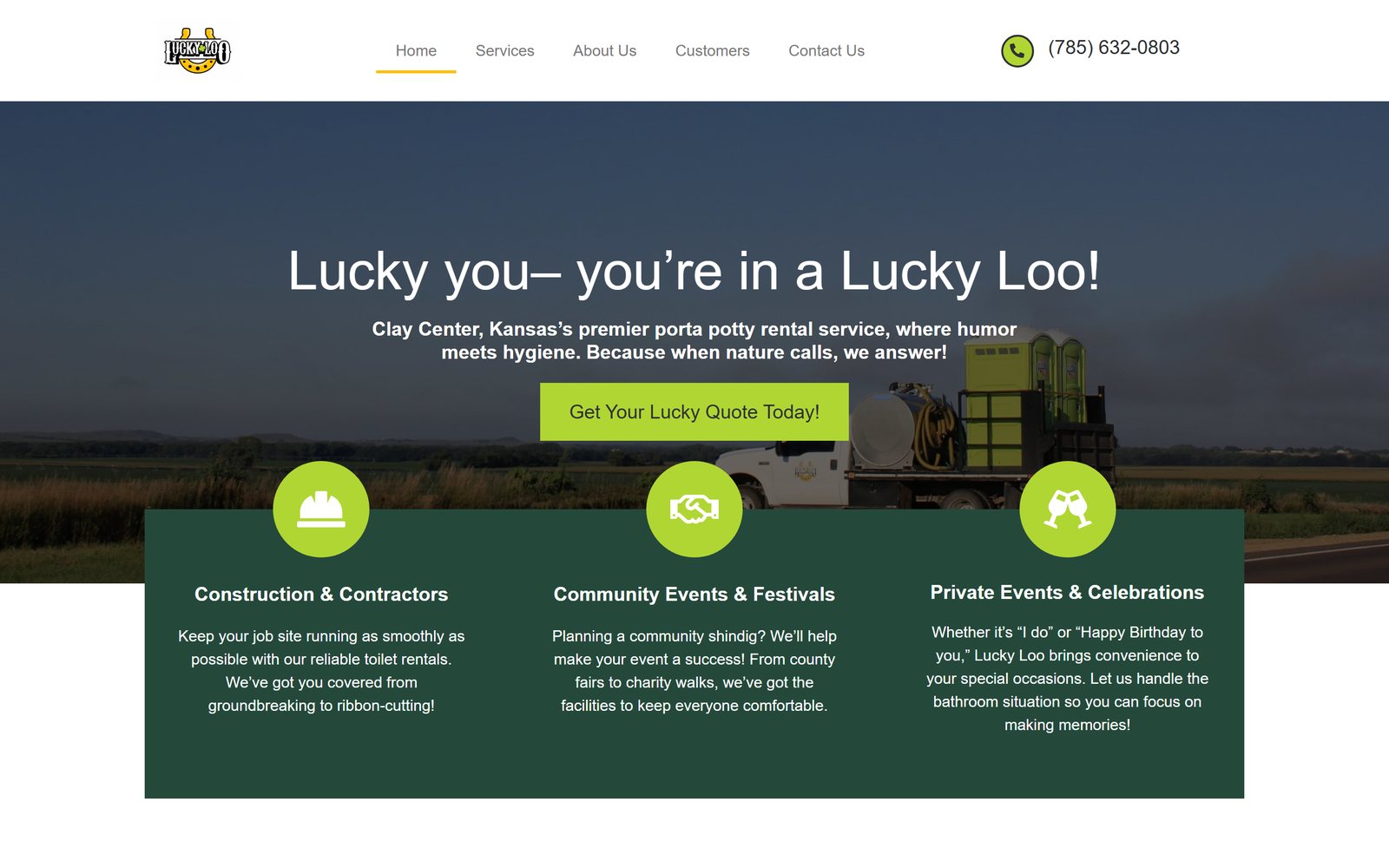 Lucky Loo Portables website on desktop