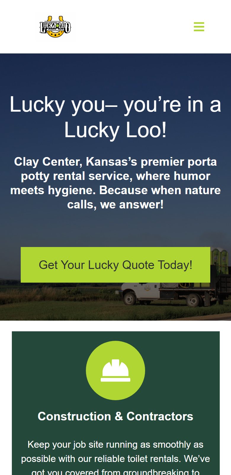 Lucky Loo Portables website on mobile