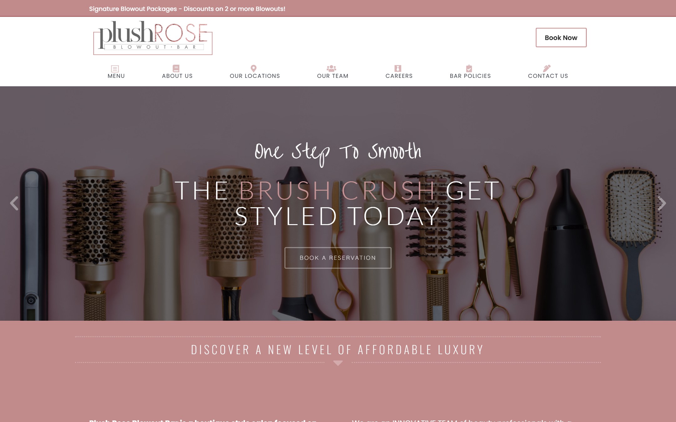 Plush Rose Blowout Bar website on desktop