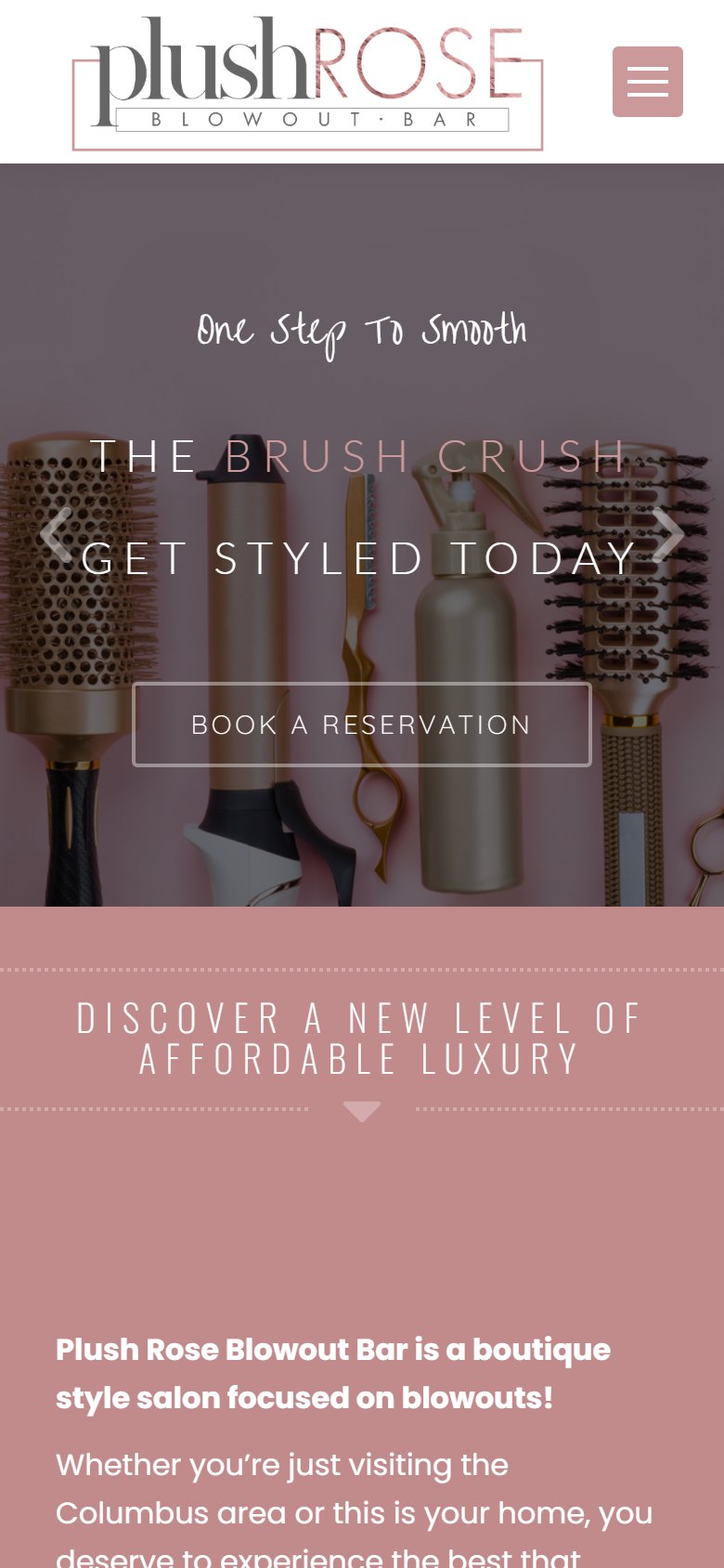 Plush Rose Blowout Bar website on mobile