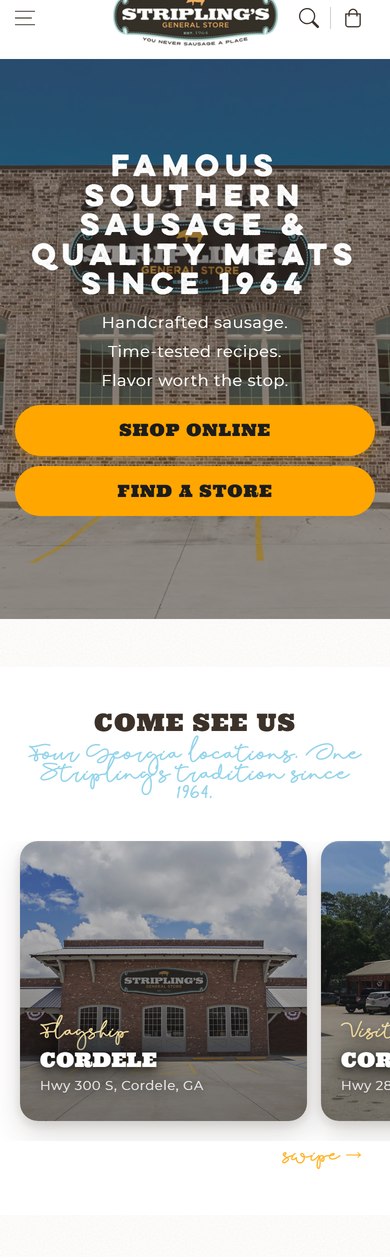 Striplings General Store website on mobile